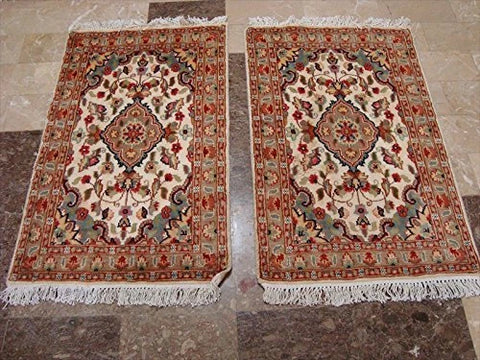 Gorgeous Ivory Flower Medallion Rectangle Wool Silk Rug Hand Knotted Carpet Pair (3.3 x 2.1)'