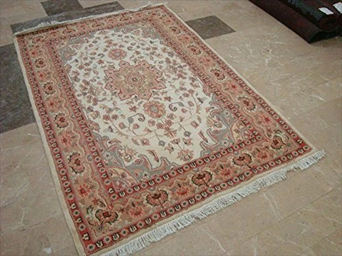 Ivory Medallion Floral Area Rug Hand Knotted Wool Silk Indoor Home Decor Carpet (6 x 4)'