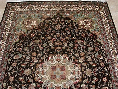 Floral Medallion Chocolate Brown Rectangle Area Rug Wool Silk Hand Knotted Carpet (8.11 x 6.1)'