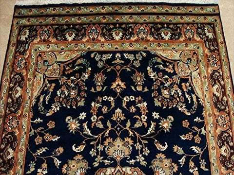 Exclusive Navy Blue & Olive Medallion Area Rug Hand Knotted Silk Wool Carpet (9 X 5)'