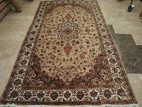 Beige Tan Floral Exclusive Rectangle Area Rug Hand Knotted Wool Silk Carpet (9.8 x 5.1)'