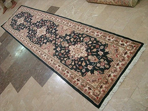 Exclusive Hot Black Floral Kashan Soft Hand Knotted Hall Way Runner Rug (10.1 x 2.7)'