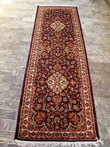 Amazing Purple Lilac Rare Hand Knotted Wool Silk Carpet Runner Rug (8 X 2.6)
