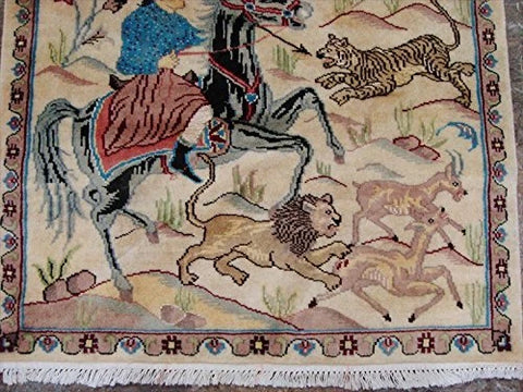Hunting King Lion Deer Tiger Horse Hand Knotted Wool Silk Square Rug Indoor Carpet (3 x 3)'