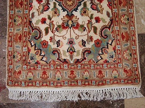 Gorgeous Ivory Flower Medallion Rectangle Wool Silk Rug Hand Knotted Carpet Pair (3.3 x 2.1)'