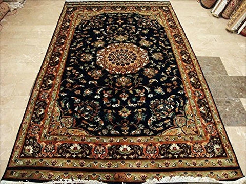 Exclusive Navy Blue & Olive Medallion Area Rug Hand Knotted Silk Wool Carpet (9 X 5)'