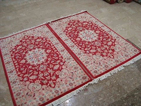 Awesome Love Red Floral Hand Knotted Oriental Rug Wool Silk Carpet Pair (4 x 2.6)'