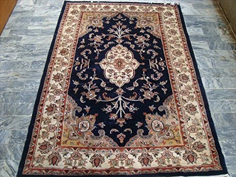 AHMEDANI Mid Night Blue Ivory Touch Flowers Rectangle Area Rug Hand Knotted Wool Silk Carpet (6 X 4)'