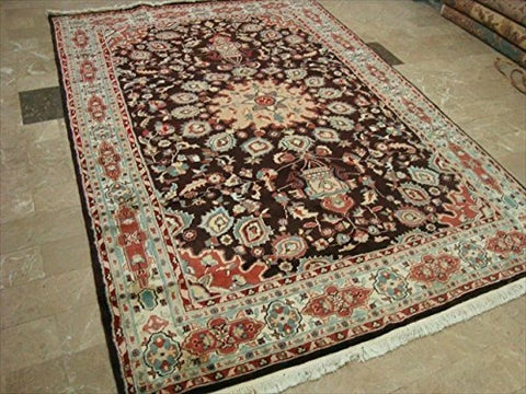 AHMEDANI Exclusive Chocolate Brown Rectangle Area Rug Hand Knotted Wool Silk Carpet (9 X 6)'
