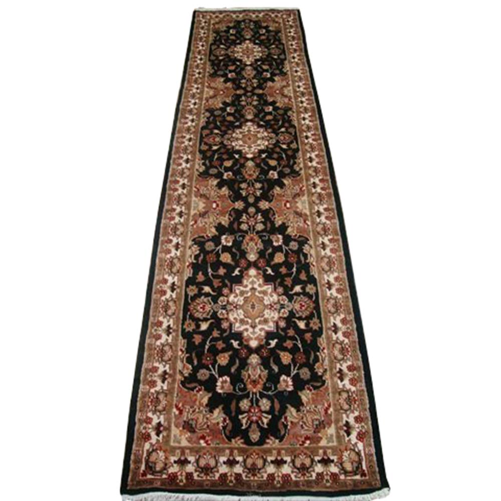 Exclusive Hot Black Floral Kashan Soft Hand Knotted Hall Way Runner Rug (10.1 x 2.7)'