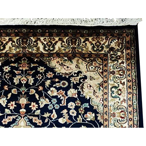 Mid Night Blue Ivory Exclusive Hand Knotted Oriental Rug Wool Silk Carpet (8 x 5)'
