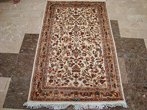 Awesome Ivory Flowers Allover Wool Silk Rectangle Area Rug Hand Knotted Carpet (5 x 3)'