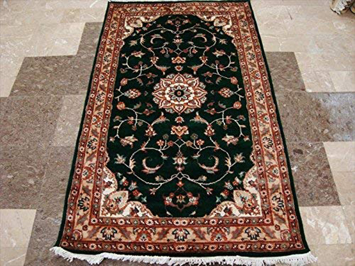 Rectangle Area Rug Dark Green Floral Medalion Wool Silk Hand Knotted Carpet (5 x 3)'