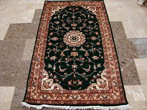 Rectangle Area Rug Dark Green Floral Medalion Wool Silk Hand Knotted Carpet (5 x 3)'