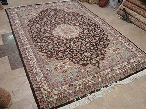 Floral Medallion Chocolate Brown Rectangle Area Rug Wool Silk Hand Knotted Carpet (8.11 x 6.1)'