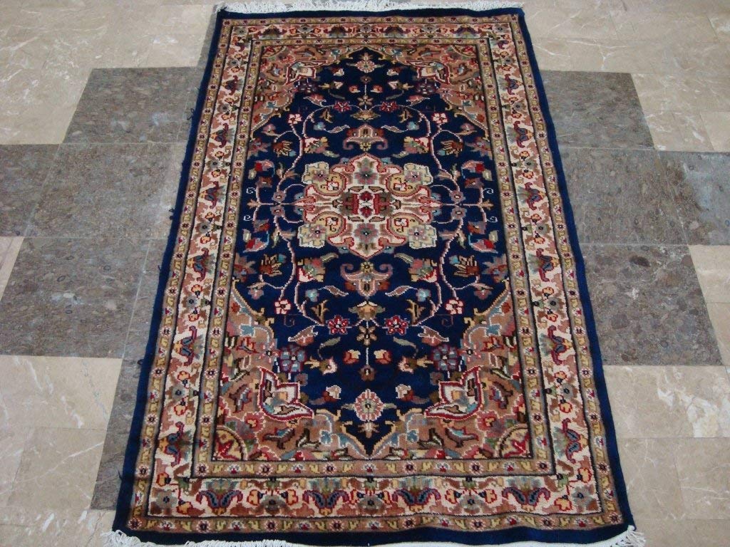 Exclusive Royal Blue Floral Oriental Area Rug Hand Knotted Wool Silk Carpet (5 X 3)'