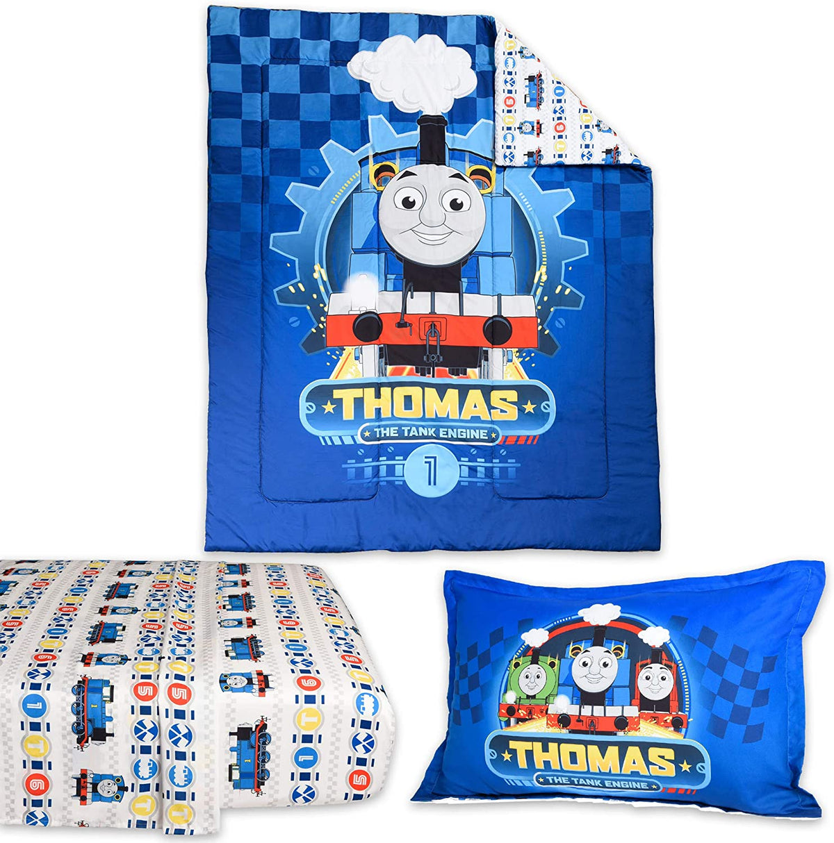 Thomas The Tank Standard Crib 3 Piece Toddler Bedding Set for Kids Soft Microfiber Reversible Comforter, Fitted Sheet & Pillowcase