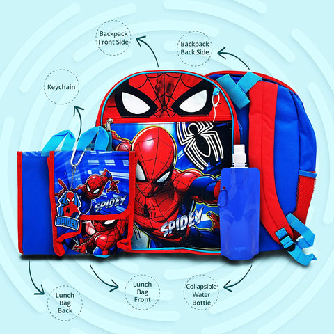 New Spiderman Backpack with Lunch Bag 2-Key Chains Water Bottle - 5 Pcs Set