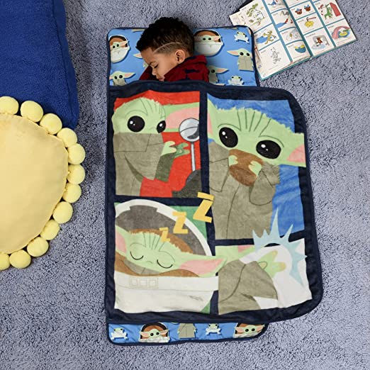 Nemcor Star Wars The Mandalorian Toddler Nap Mat for Boys, Girls, Soft Naptime Blanket with Attached Pillow with Carry Handle Perfect for Sleepovers, Daycare, Preschool, Travel Sleeping Bag, Baby Yoda