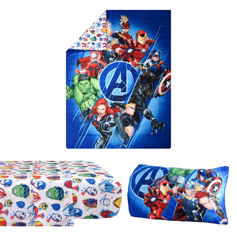Marvel Avengers Kids Bedding Sheet Set with Reversible Comforter Twin Bed in Bag 4 pcs Set for Kids