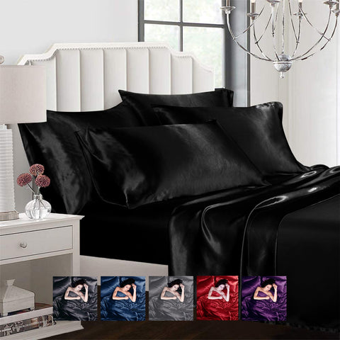 Satin 6pcs Silky Bedding Set Queen/King Duvet Cover Fitted Sheet & 4 Pillowcases