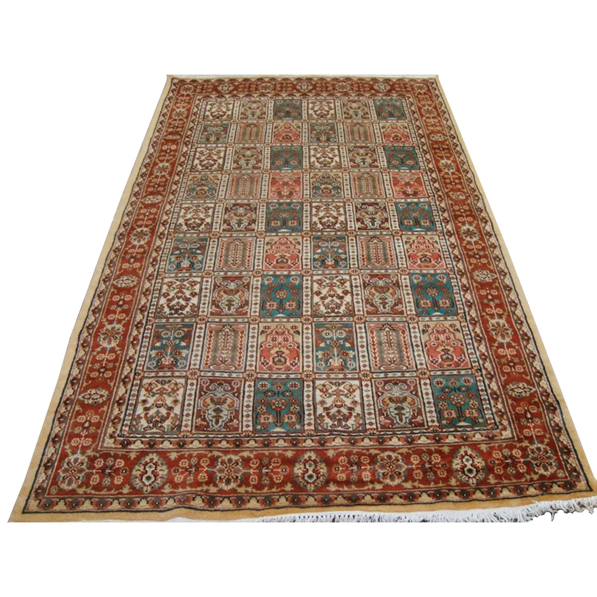 Exclusive Bakhtiar Floral Blocks Rectangle Area Rug Hand Knotted Wool Silk Carpet (8 x 5)'