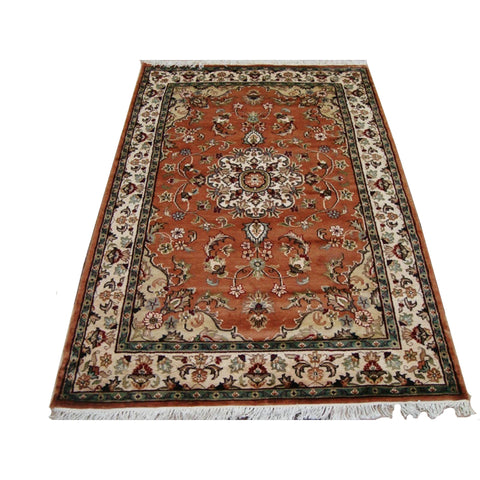 Rustic Floral Medallion Hand Knotted Oriental Area Rug Wool Silk Carpet (6 x 4)'