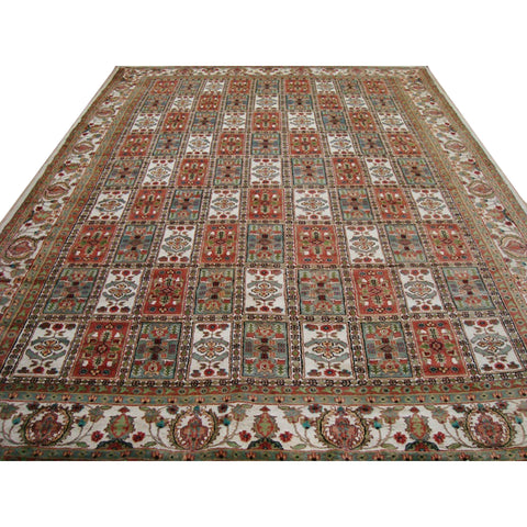 Bakhtiari Floral Blocks Rectangle Area Rug Hand Knotted Wool Silk Carpet (12.5 x 9.1)'
