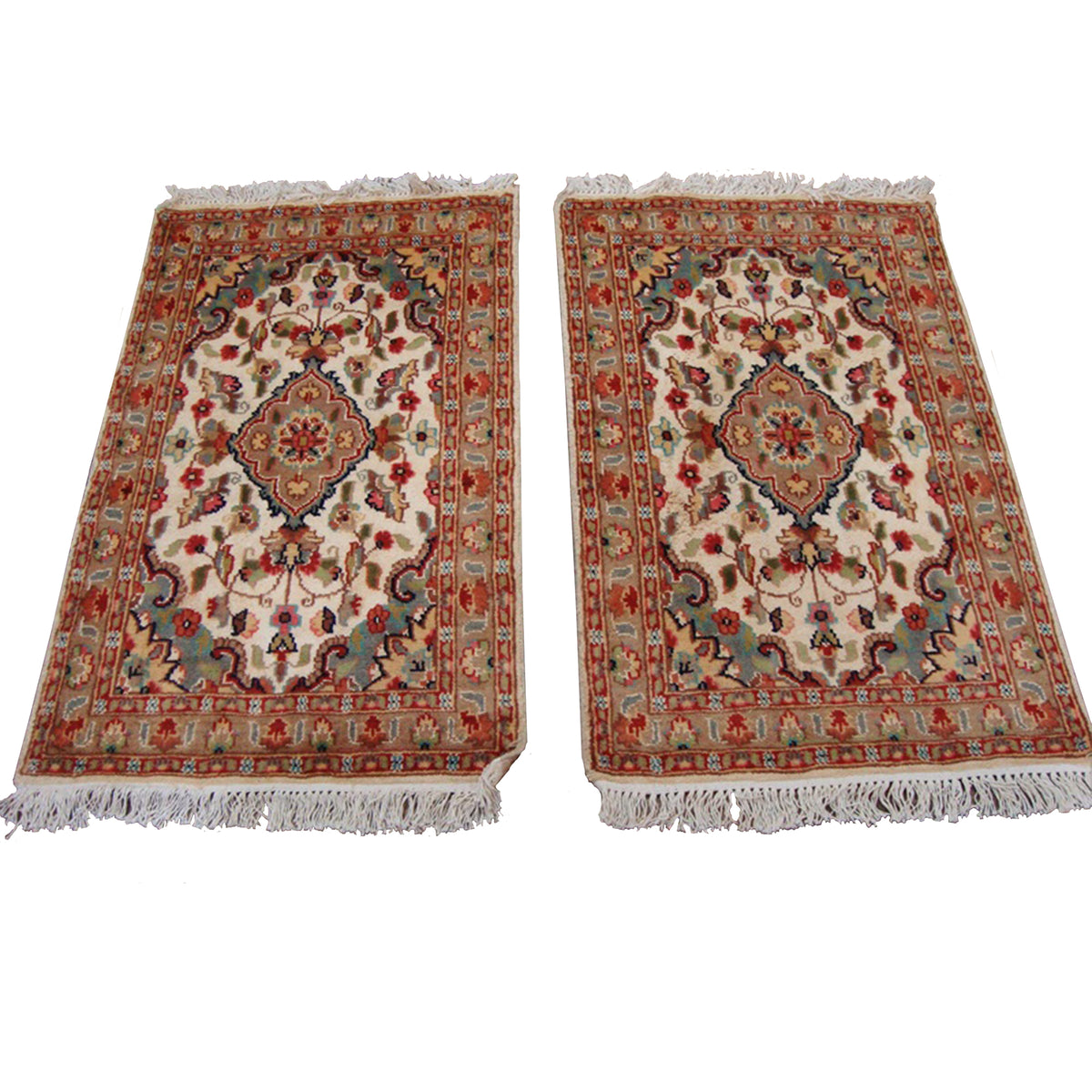 Gorgeous Ivory Flower Medallion Rectangle Wool Silk Rug Hand Knotted Carpet Pair (3.3 x 2.1)'