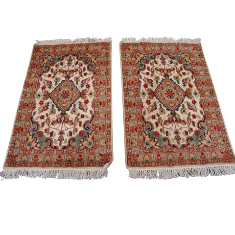 Gorgeous Ivory Flower Medallion Rectangle Wool Silk Rug Hand Knotted Carpet Pair (3.3 x 2.1)'