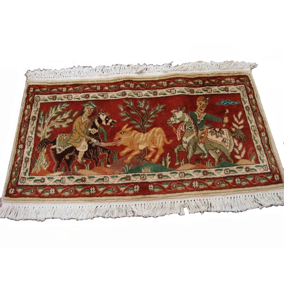 Shikar Gah Horse Hand Knotted Wall Hang Rug Wool Silk Carpet (2.10 x 1.6)'