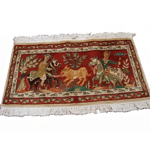 Shikar Gah Horse Hand Knotted Wall Hang Rug Wool Silk Carpet (2.10 x 1.6)'