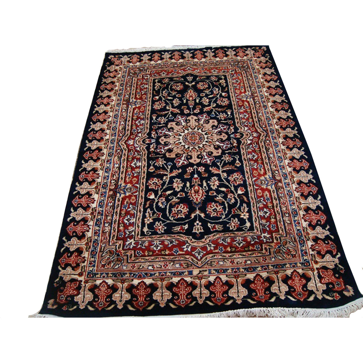 Mid Night Blue Love Flowers Area Rug Hand Knotted Wool Silk Carpet (6 x 4)'