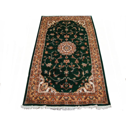 Exclusive Dark Green Floral Medallion Area Rug Hand Knotted Wool Silk Carpet (5 x 3)'