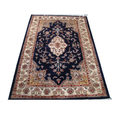 AHMEDANI Mid Night Blue Ivory Touch Flowers Rectangle Area Rug Hand Knotted Wool Silk Carpet (6 X 4)'