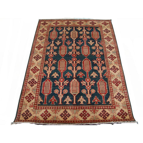 Super Kazak Caucasion Geometric Afghan Veg Dyed Mahal Hand Knotted Rug Carpet (4.11 x 3.6)'