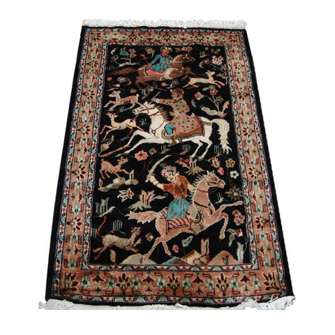 Awesome 3 Horses King Hunting Hand Knotted Fine Rug Carpet (4 x 2.6)'