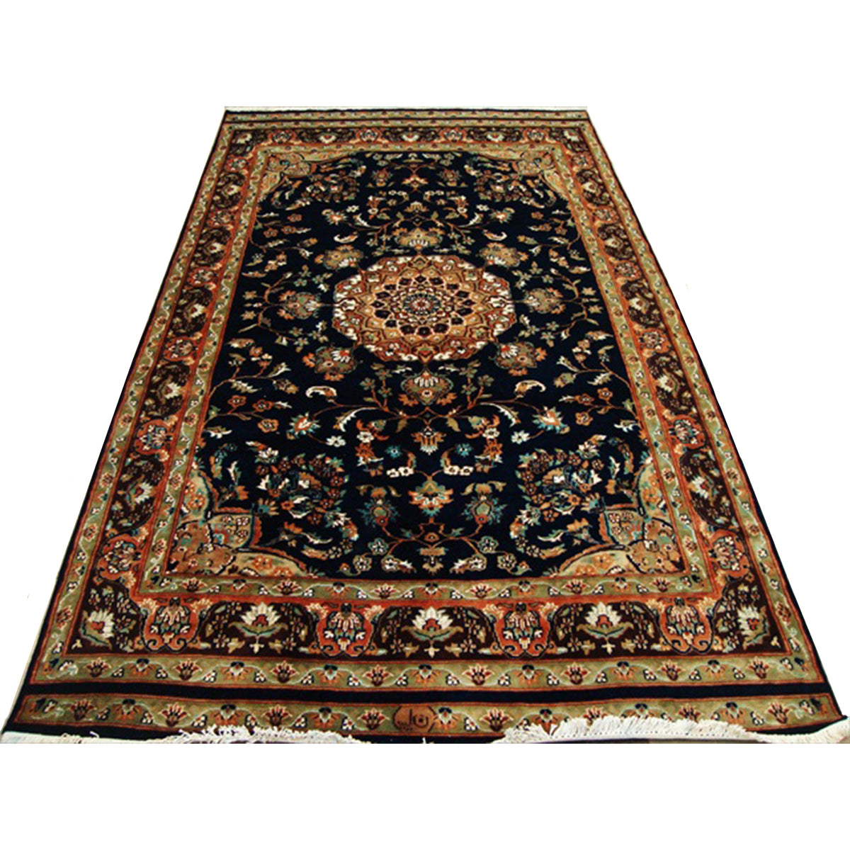 Exclusive Navy Blue & Olive Medallion Area Rug Hand Knotted Silk Wool Carpet (9 X 5)'