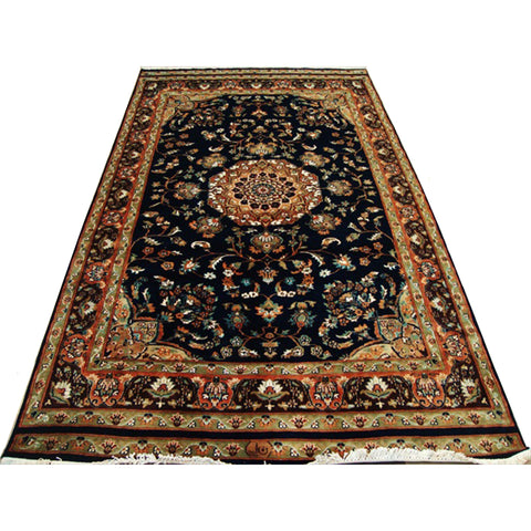Exclusive Navy Blue & Olive Medallion Area Rug Hand Knotted Silk Wool Carpet (9 X 5)'