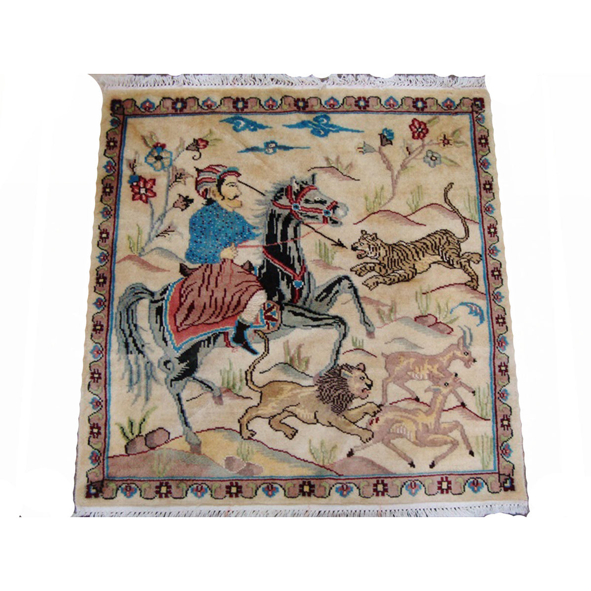 Hunting King Lion Deer Tiger Horse Hand Knotted Wool Silk Square Rug Indoor Carpet (3 x 3)'