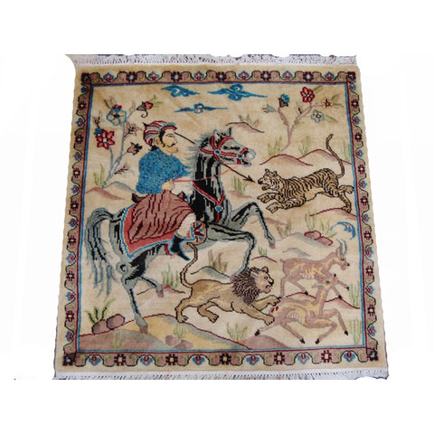 Hunting King Lion Deer Tiger Horse Hand Knotted Wool Silk Square Rug Indoor Carpet (3 x 3)'