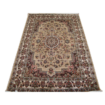 AL AHMEDANI LINEN Beige Tan Beauty Floral Oriental Area Rug Hand Knotted Wool Silk Carpet (6 x 4)'