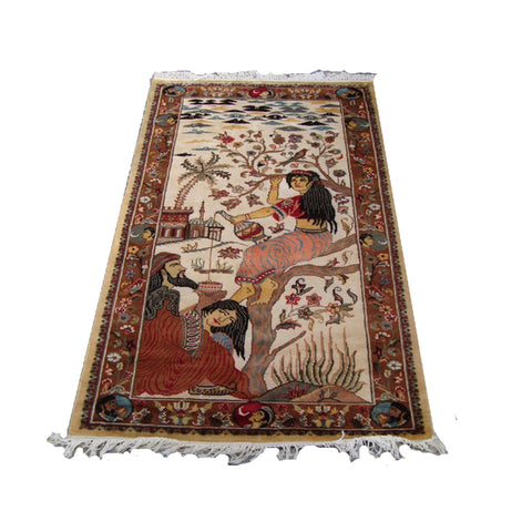Love Umre Khayam King Queen Love Story Hand Knotted Wall Rug Wool Silk Carpet (5 X 3)'