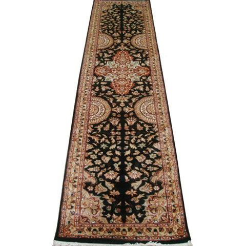 Rare Hot Black Flowers Lively Soft Hand Knotted Carpet Hall Way Runner Rug (10.0 x 2.7)'