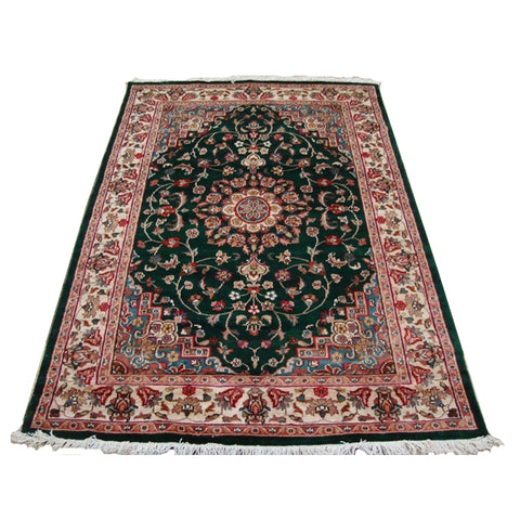 Mid Night Blue Floral Oriental Rug Hand Knotted Wool Silk Carpet (6 x 4)'
