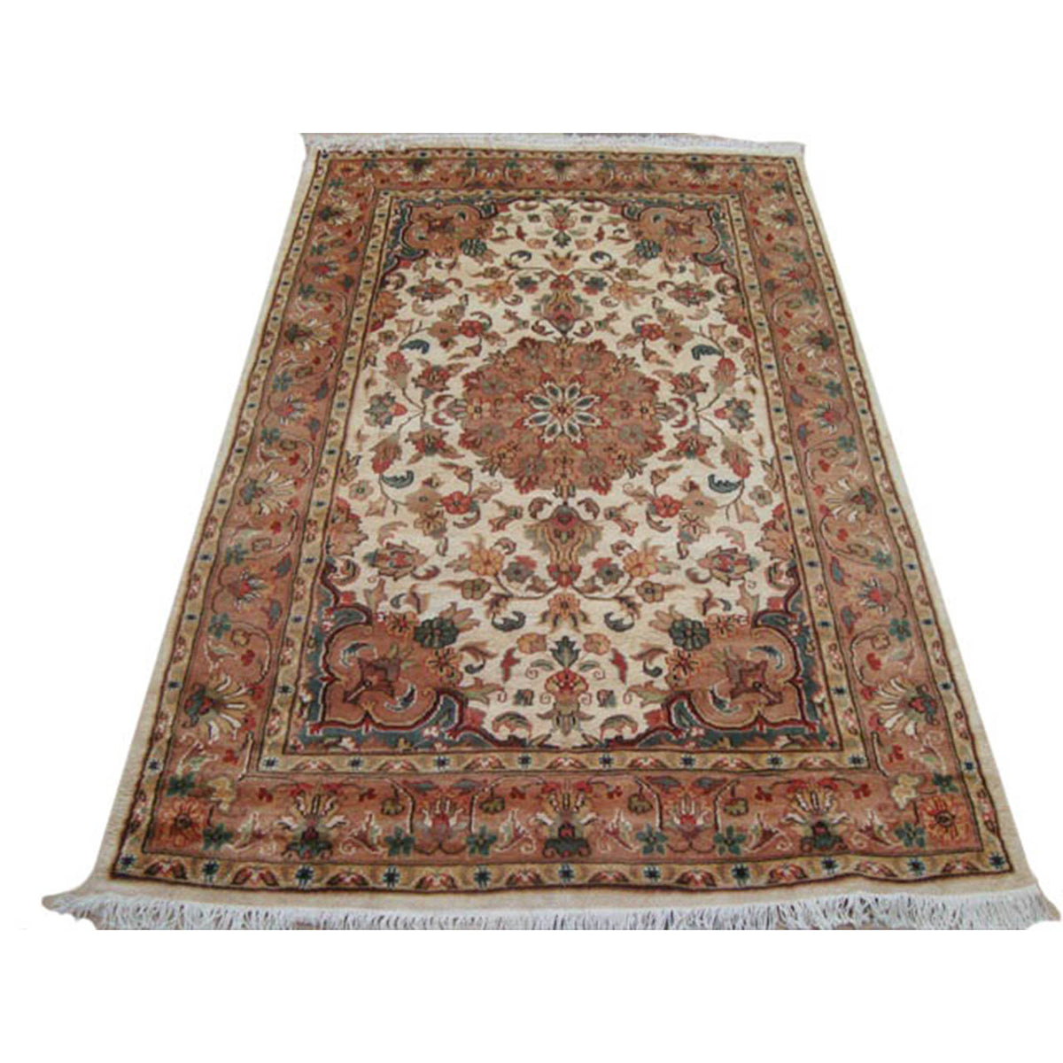 Exclusive Ivory Medallion Taj Rectangle Area Rug Wool Silk Hand Knotted Carpet (6 x 4)'