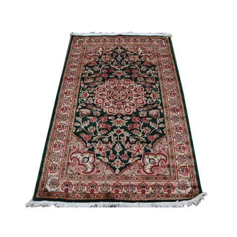 Royal Dark Green Ivory Beauty Floral Oriental Rug Hand Knotted Wool Silk Carpet (5 X 3)'