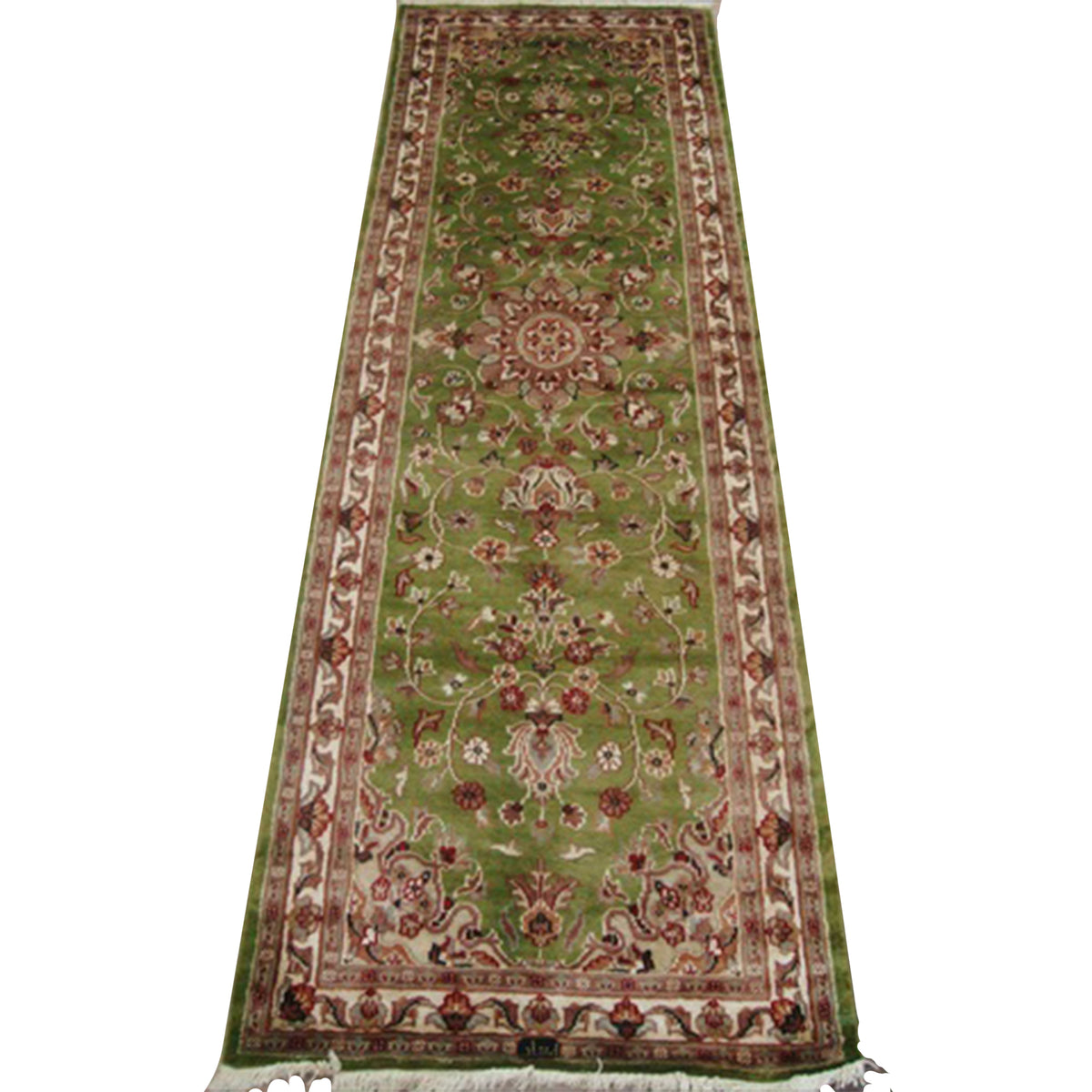 Exclusive Green Floral Kashan Soft Hand Knotted Hall Way Runner Rug (7.11 x 2.7)'