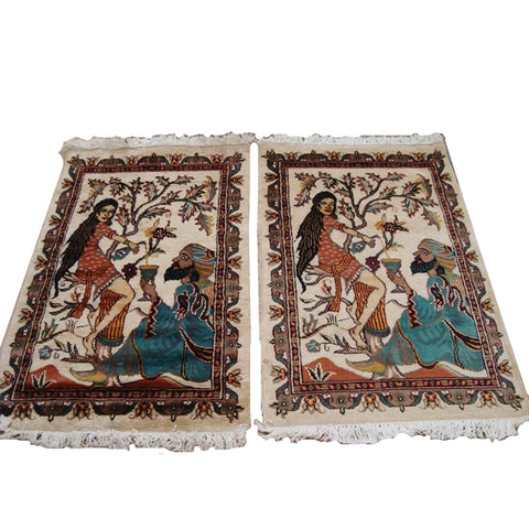 Awesome Umre Khayam Love Hand Knotted Oriental Rug Wool Silk Carpet Pair (3 x 2)'