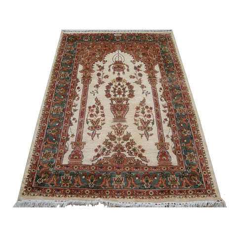 Rectangle Area Rug Exclusive Ivory Vaas Guldasta Lovely Hand Knotted Wool Silk Carpet (6 X 4)'